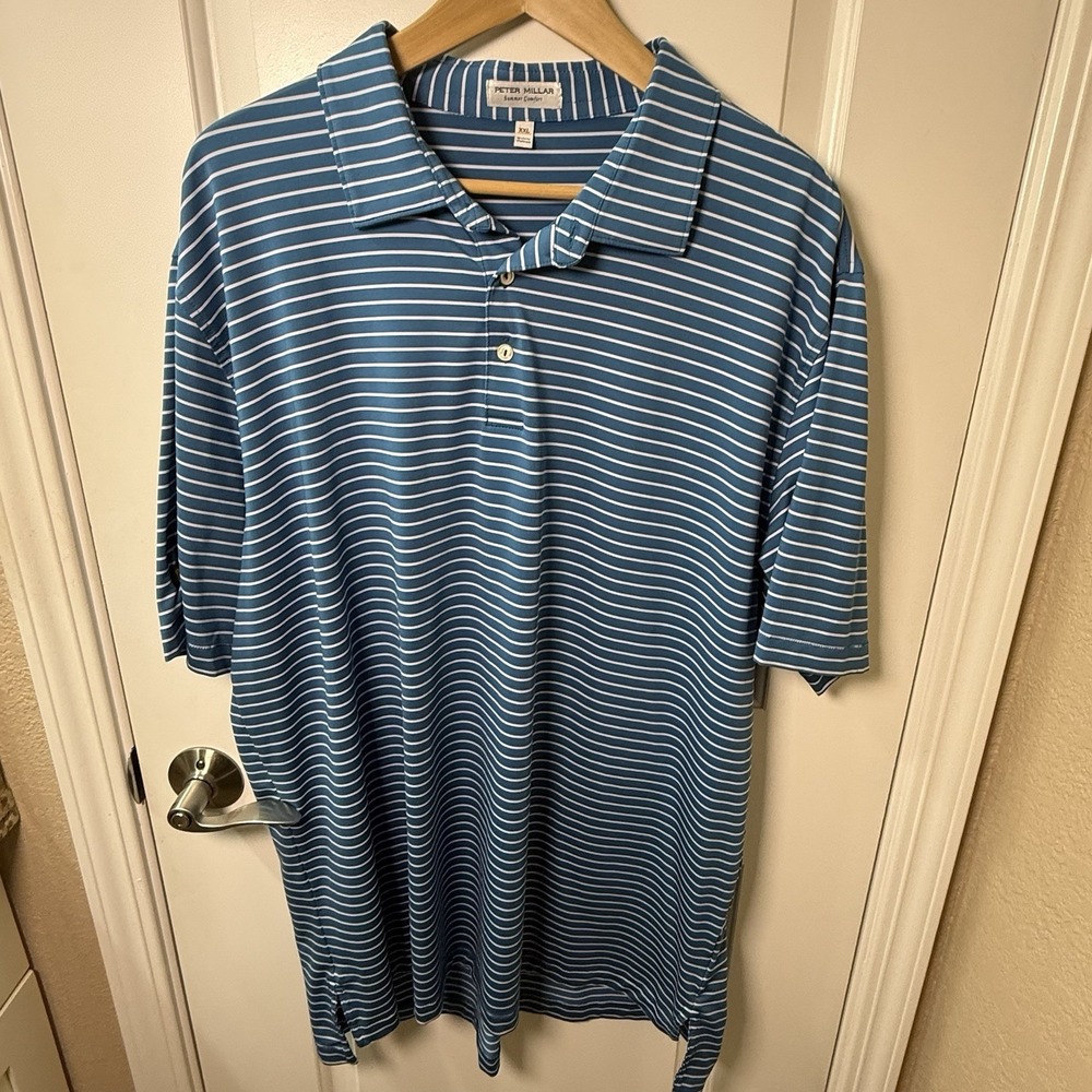 Peter Millar Summer Comfort Polo Men XXL Blue White Stripe Golf 360 Embroidered